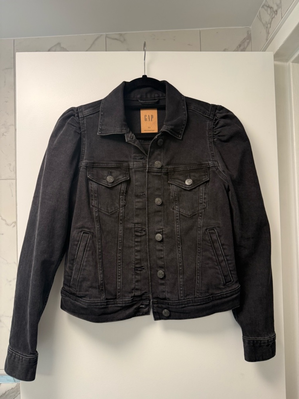 GAP Black Denim Jacket with Puff Shoulder